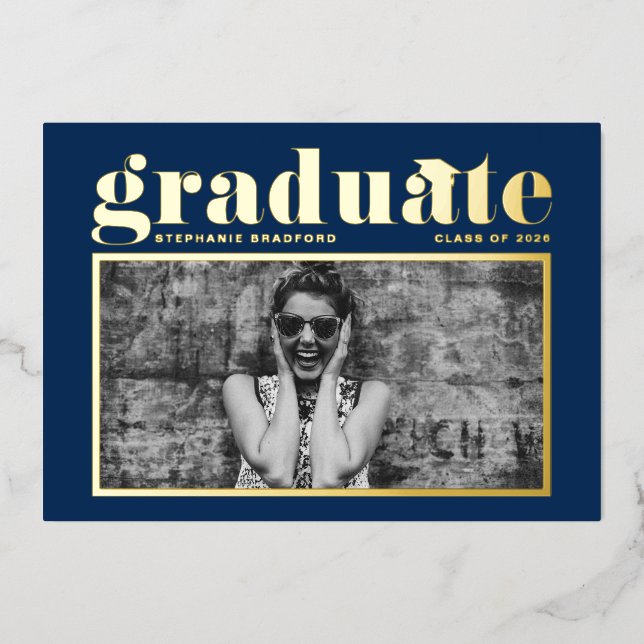 Navy Blue Retro Bold Typography Photo Graduation (Front)