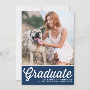 Navy Blue Retro Bold Typography Photo Graduation Announcement