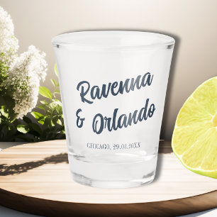 Navy Blue Retro Cursive Classy Wedding Shot Glass