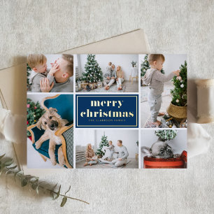 Navy Blue Retro Merry Christmas Photo Collage 