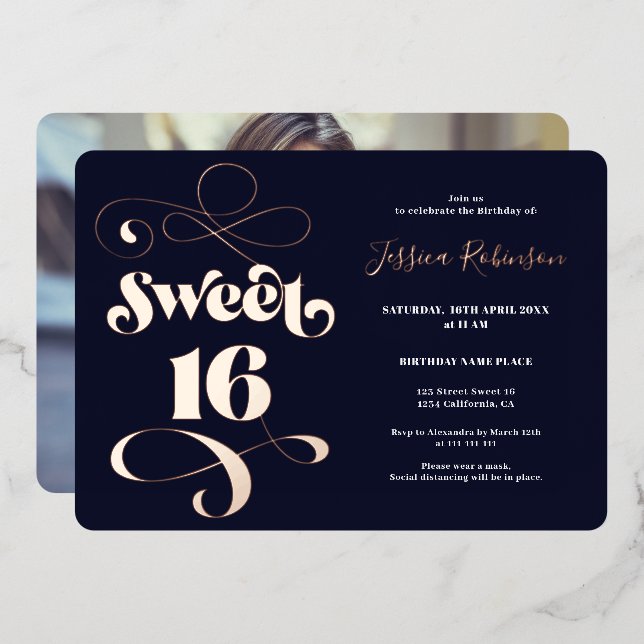 Navy blue retro script photo Sweet 16 rose gold (Front/Back)