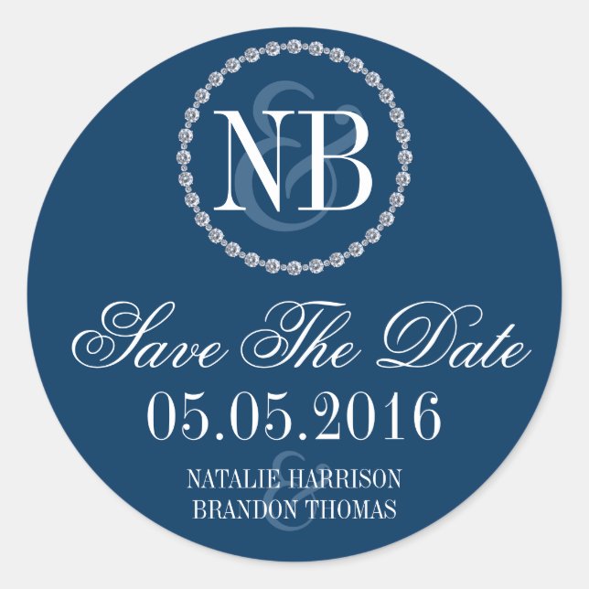 Navy blue rhinestone Save The Date wedding sticker (Front)