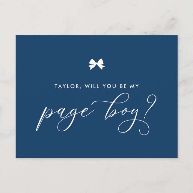 Navy Blue Ribbon Bow Will You Be My Page Boy Card (Front)