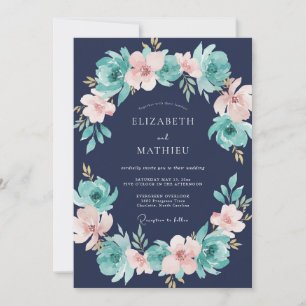 Navy Blue Rich Botanical Wedding Invitation