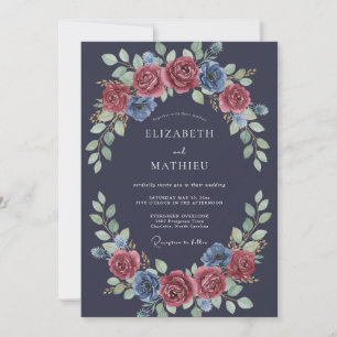 Navy Blue Romantic Floral Wedding Invitation