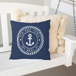Navy Blue | Rope & Anchor Boat Name Outdoor Pillow<br><div class="desc">Add a cool custom touch to your fishing boat,  sailboat,  yacht,  or houseboat with this personalised pillow. Classic nautical design in navy blue and white features your boat name and ship's registry curved inside a rope logo badge with an anchor illustration in the centre.</div>