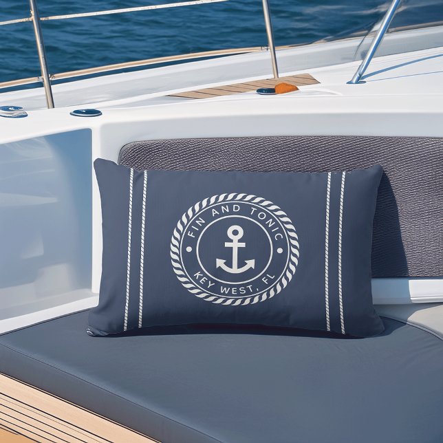 Navy Blue | Rope & Anchor Boat Name Outdoor Pillow (Creator Uploaded)