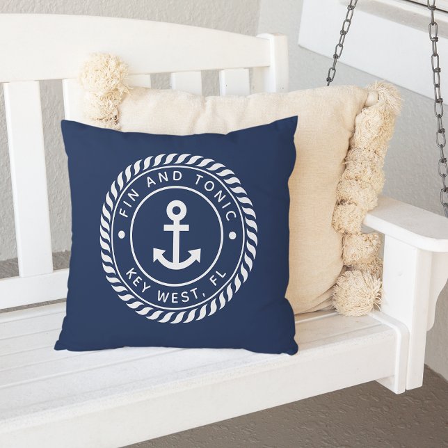 Navy Blue | Rope & Anchor Boat Name Outdoor Pillow (Creator Uploaded)