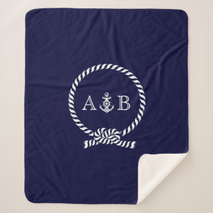 Navy Blue Rope and Anchor Monogrammed Sherpa Blanket