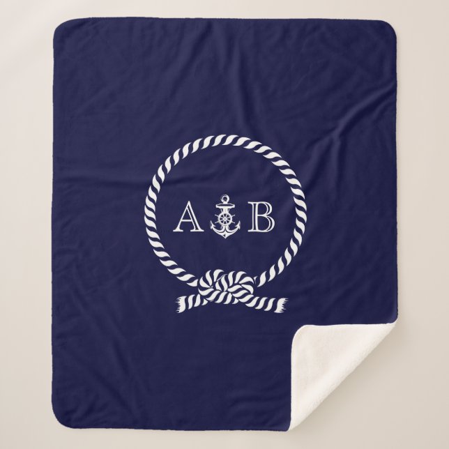 Navy Blue Rope and Anchor Monogrammed Sherpa Blanket (Front)
