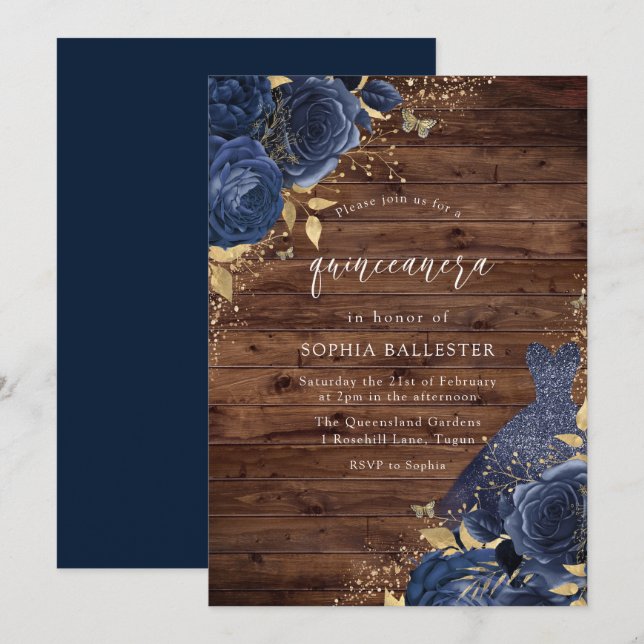 Navy Blue Rose Dress Gold Rustic Quinceanera Party Invitation (Front/Back)