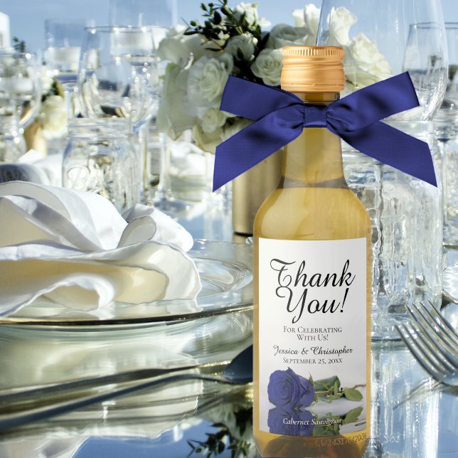 Navy Blue Rose Elegant Wedding Thank You Mini Wine Label (Creator Uploaded)