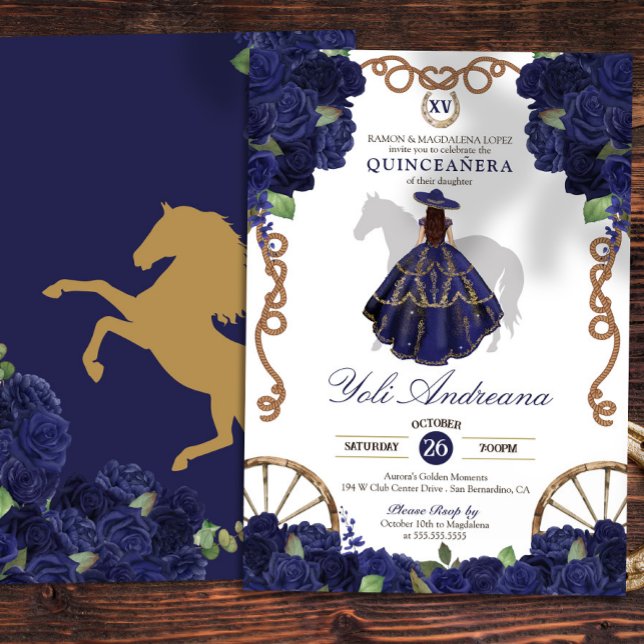 Navy Blue Rose Floral Country Western Quinceanera Invitation (Creator Uploaded)