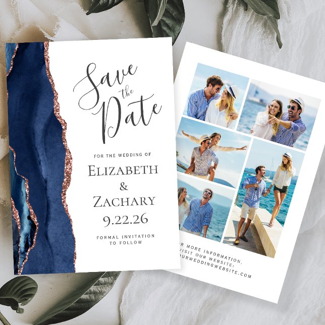 Navy Blue Rose Gold Agate 5-Photo Save the Date Invitation (Creator Uploaded)