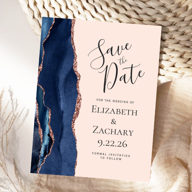 Navy Blue Rose Gold Agate Blush Save the Date Announcement Postcard (Creator Uploaded)