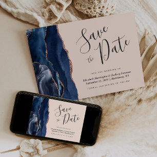 Navy Blue Rose Gold Agate Blush Save the Date Card