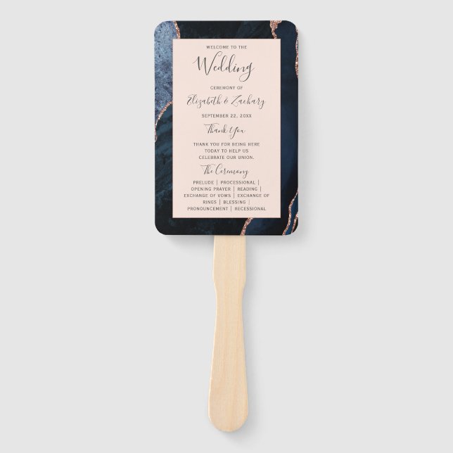 Navy Blue Rose Gold Agate Blush Wedding Program Hand Fan (Front)