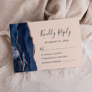 Navy Blue Rose Gold Agate Blush Wedding RSVP Card