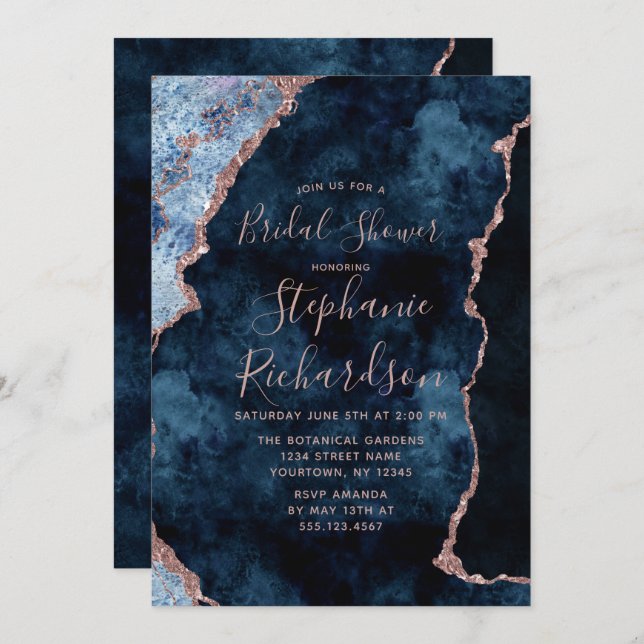 Navy Blue Rose Gold Agate Bridal Shower Invitation (Front/Back)