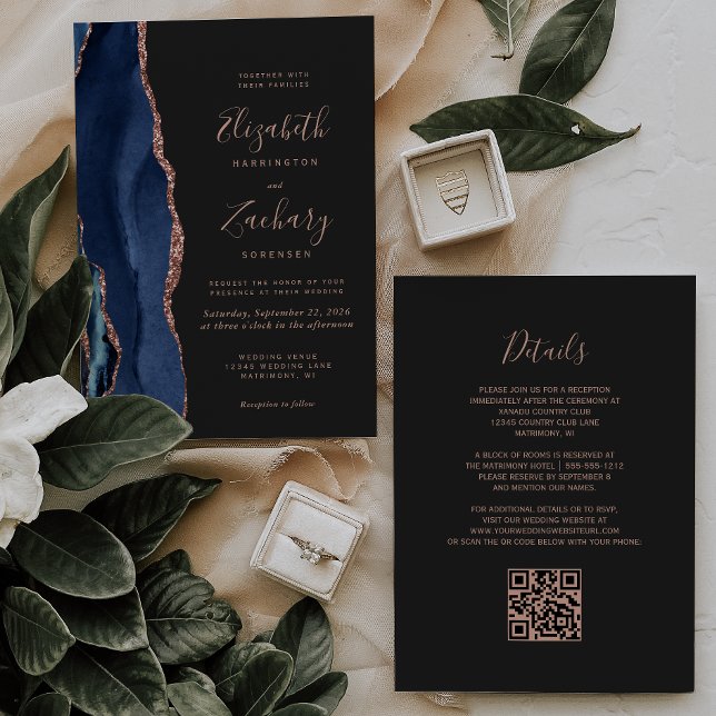 Navy Blue Rose Gold Agate Dark QR Code Wedding Invitation (Creator Uploaded)