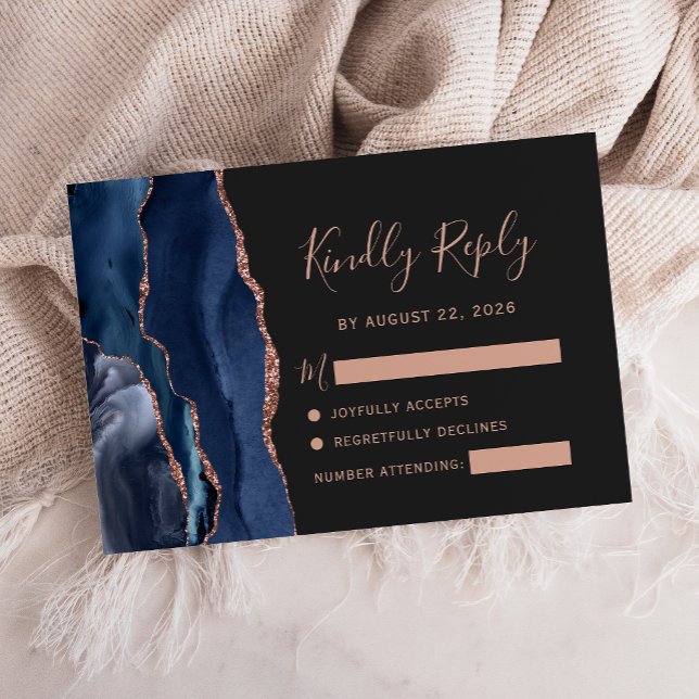 Navy Blue Rose Gold Agate Dark Wedding RSVP Card (Creator Uploaded)