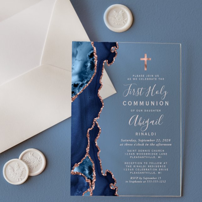 Navy Blue Rose Gold Agate First Holy Communion Acrylic Invitations (Creator Uploaded)