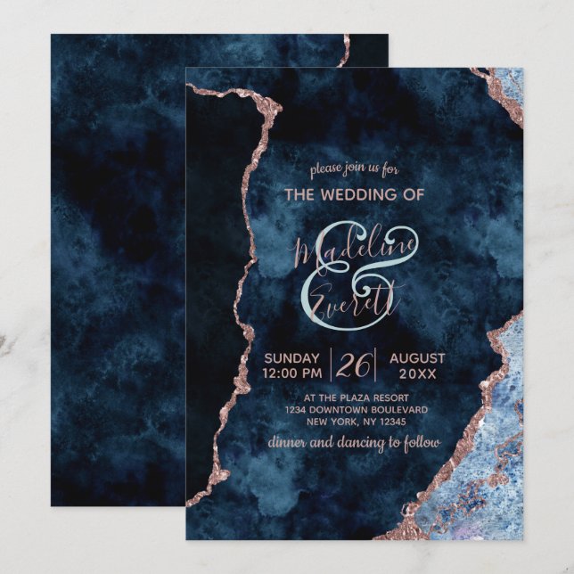 Navy Blue Rose Gold Agate Gilt Wedding Invitations (Front/Back)