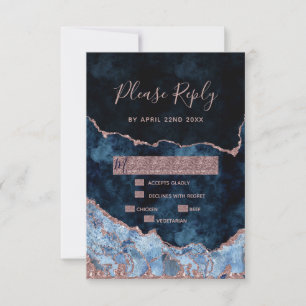 Navy Blue Rose Gold Agate Gilt Wedding RSVP Reply Card