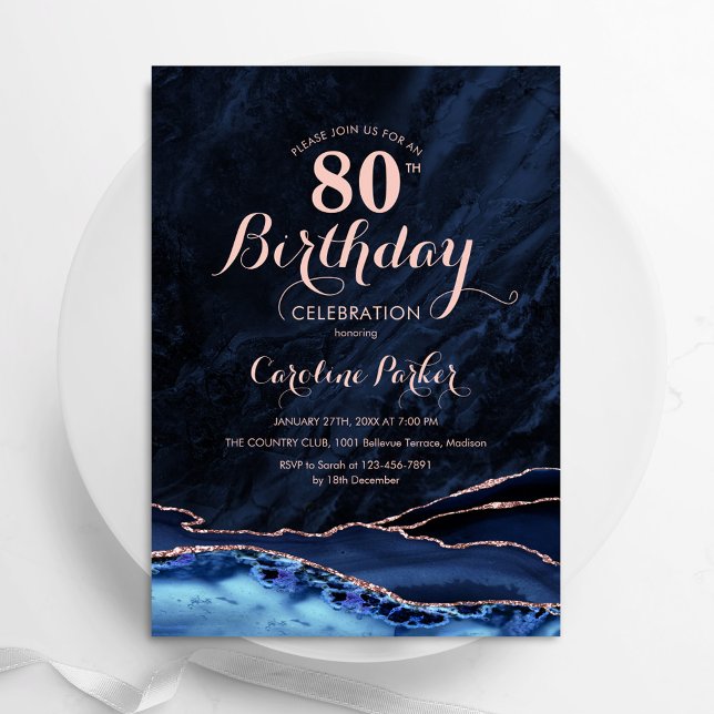 Navy Blue Rose Gold Agate Marble 80th Birthday Invitation (Creator Uploaded)