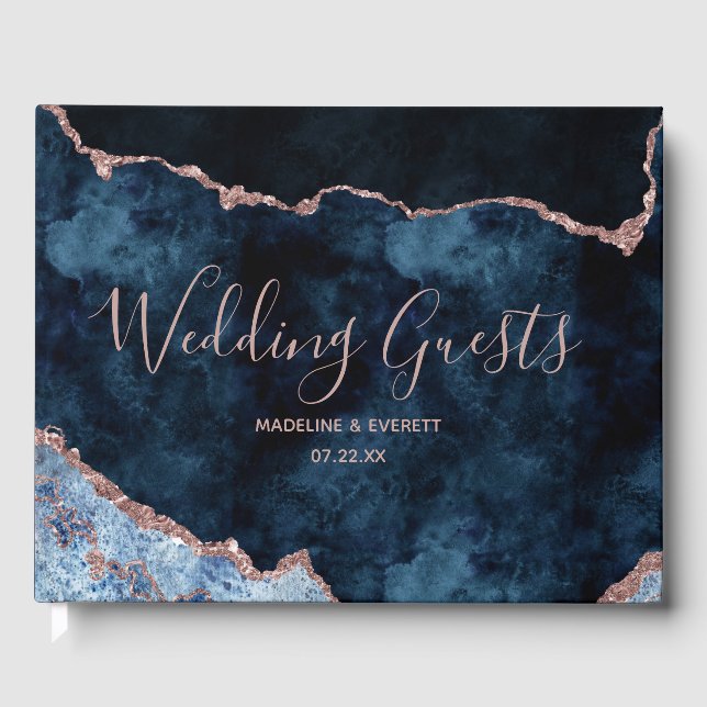 Navy Blue Rose Gold Agate Marble Gilded Wedding Guest Book (Front)