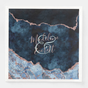 Navy Blue Rose Gold Agate Marble Monogram Wedding Napkin