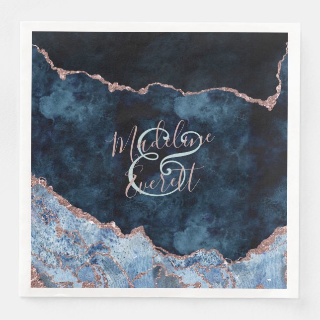 Navy Blue Rose Gold Agate Marble Monogram Wedding Napkin (Front)