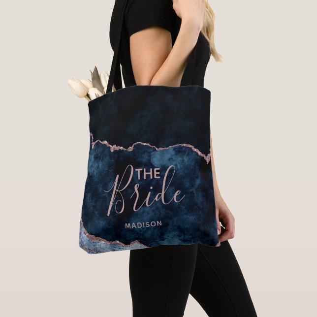 Navy Blue & Rose Gold Agate Marble the Bride Tote Bag (Close Up)