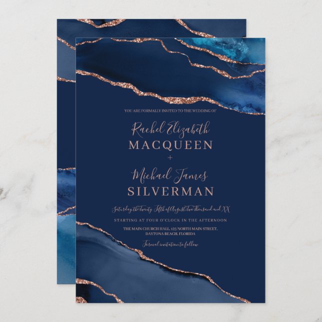 Navy Blue Rose Gold Agate Marble Wedding Invitatio Invitation (Front/Back)