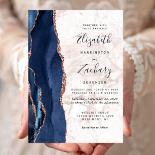Navy Blue Rose Gold Agate Marble Wedding Invitation