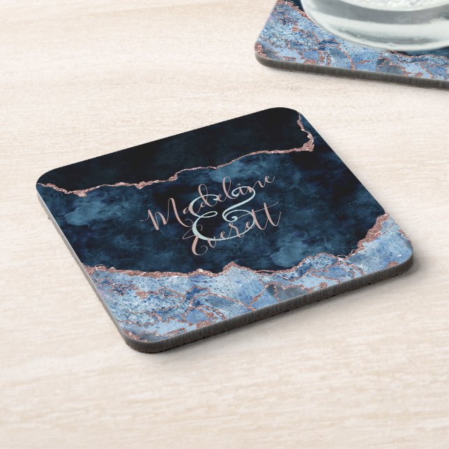 Navy Blue Rose Gold Agate Marble Wedding Monogram Coaster (Left Side)