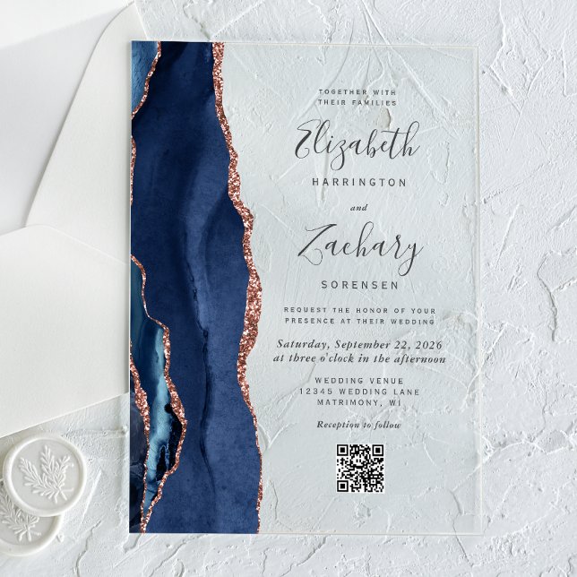 Navy Blue Rose Gold Agate QR Code Wedding Acrylic Invitations (Creator Uploaded)