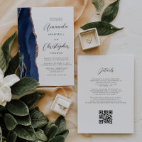 Navy Blue Rose Gold Agate QR Code Wedding