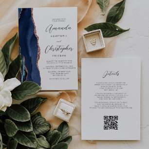 Navy Blue Rose Gold Agate QR Code Wedding Invitation