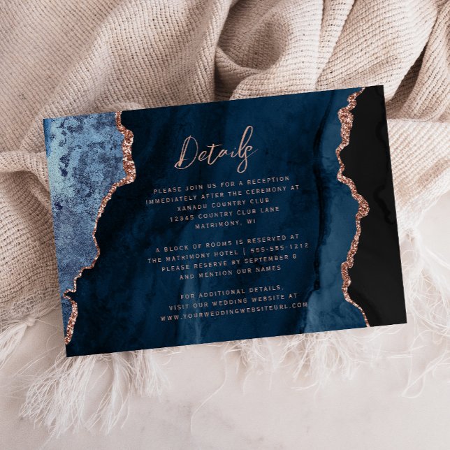 Navy Blue Rose Gold Agate Script Wedding Details Enclosure Card (Creator Uploaded)