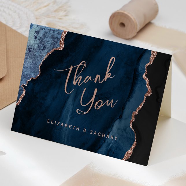 Navy Blue Rose Gold Agate Script Wedding Thank You Card (Creator Uploaded)