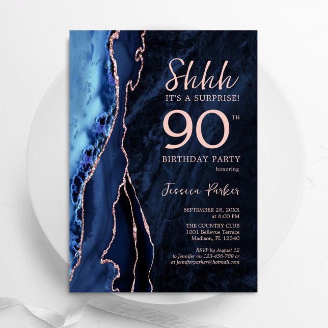 Navy Blue Rose Gold Agate Surprise 90th Birthday Invitation (Creator Uploaded)