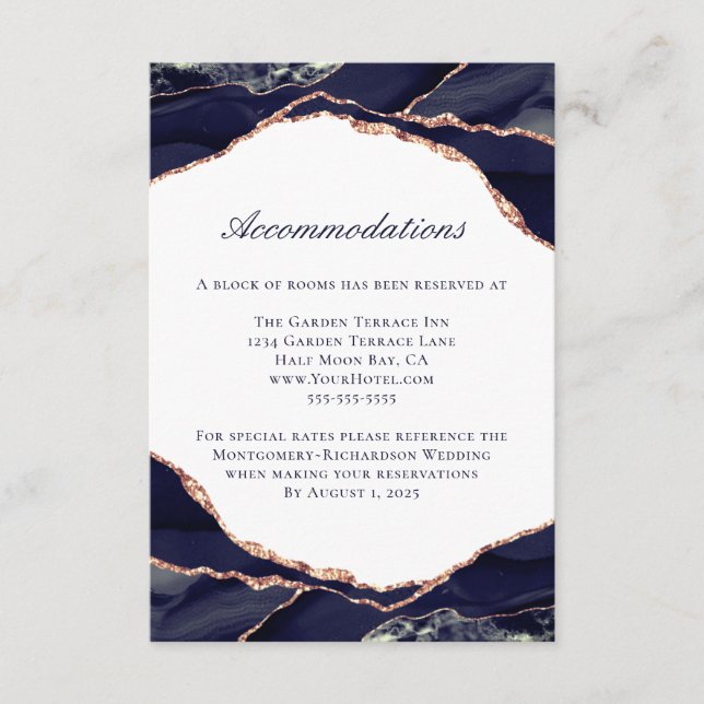 Navy Blue Rose Gold Agate Wedding Accommodations Enclosure Card (Front)