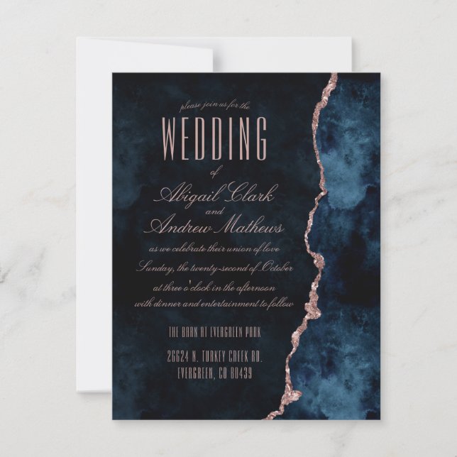 Navy Blue & Rose Gold Agate Wedding Invitations (Front)