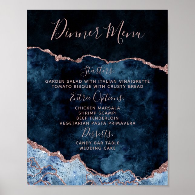Navy Blue Rose Gold Agate Wedding Menu Table Sign (Front)