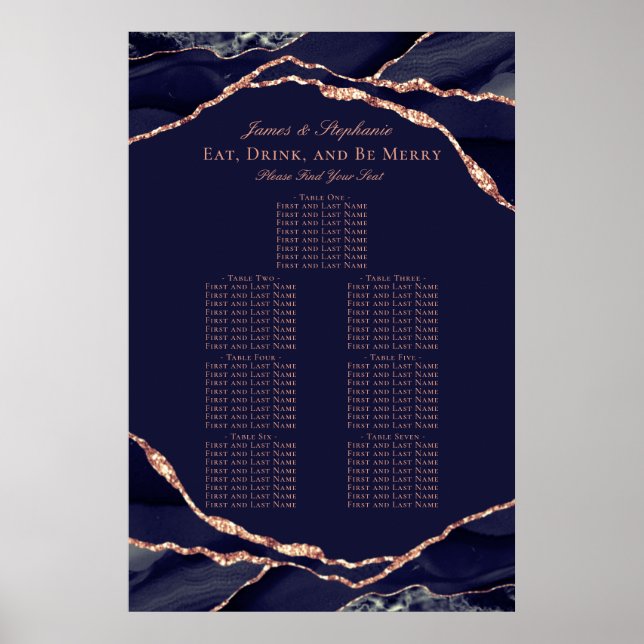 Navy Blue Rose Gold Agate Wedding Seating Chart (Front)