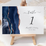 Navy Blue Rose Gold Agate Wedding Table Number<br><div class="desc">The left-hand edge of this elegant modern wedding table number card features a navy blue watercolor agate border trimmed with faux rose gold glitter. The customisable text combines charcoal grey handwriting,  italic and copperplate fonts on a white background.</div>