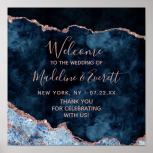 Navy Blue Rose Gold Agate Wedding Welcome Sign