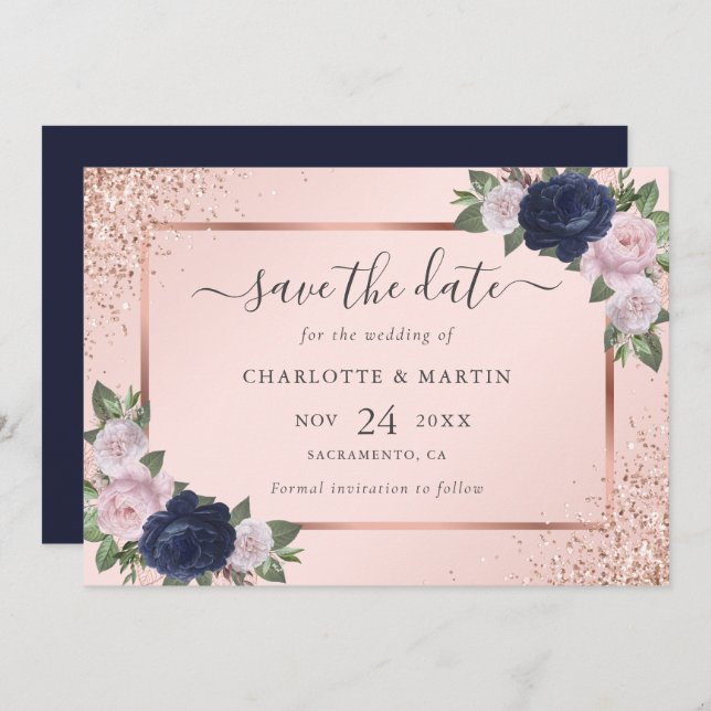 Navy Blue Rose Gold Blush Floral Wedding Save The Date (Front/Back)