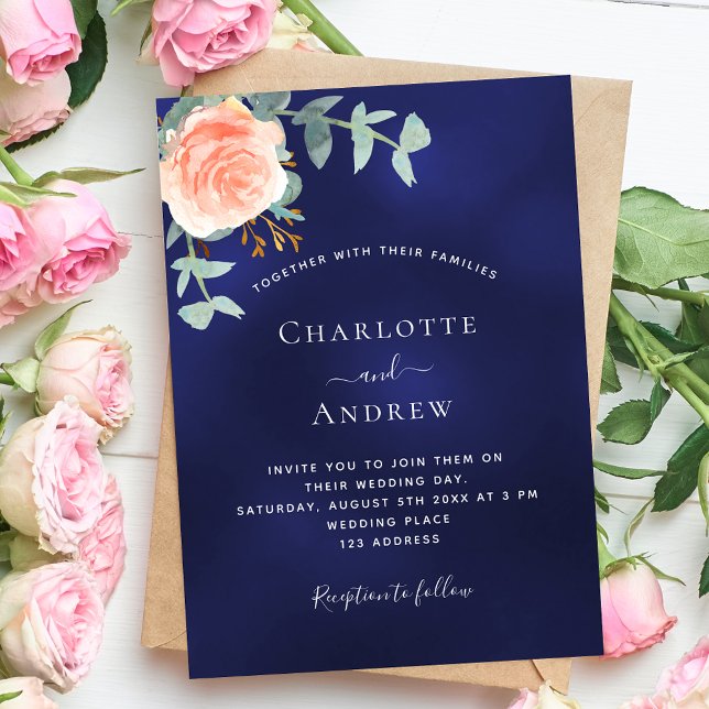 Navy blue rose gold blush greenery luxury wedding invitation (Creator Uploaded)